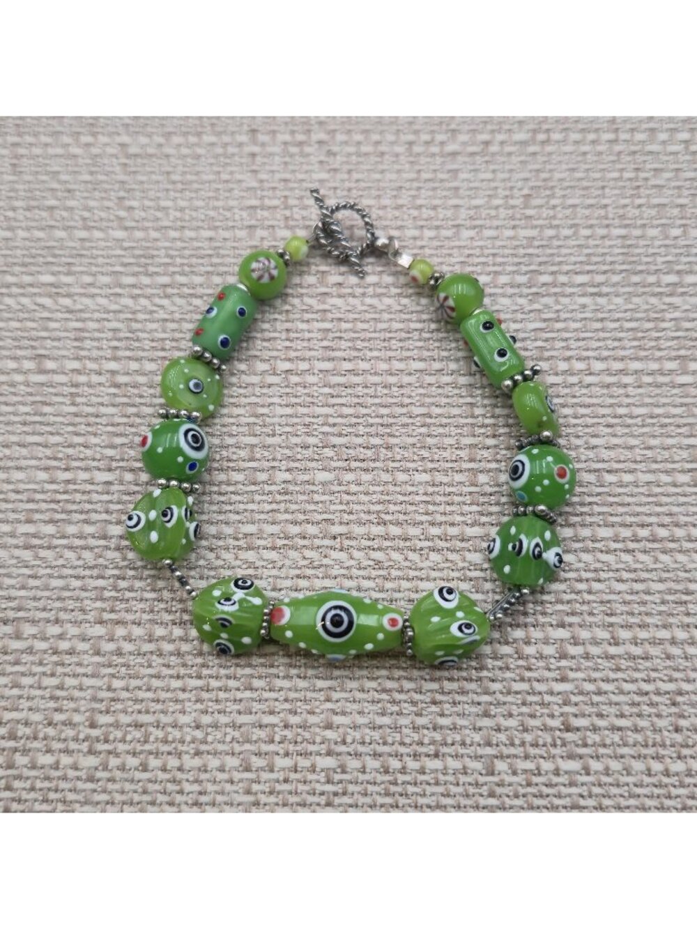 8 Inch Sterling Silver Silpada Green Lampwork Murano Glass Bead Bracelet B1606